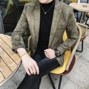Men's Casual Business Slim Fit Blazer with Vintage Suede Suit Jacket for Spring Men's Wedding Street Wear Social Coat with Deerskin Leather Jacket
