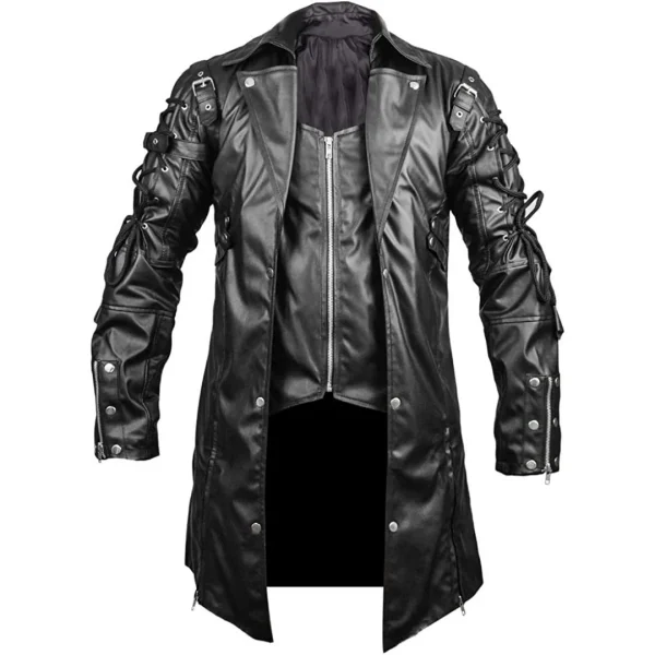 Fashion Moto Biker Outwear Men's Punk Style Motorcycle Jackets Men's Long Leather Jacket Gothic Vintage PU Leather Trench Coats - Image 4
