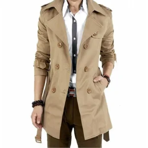Men's Double-breasted Vintage Classic Long Coat Thick Black Khaki Spring/Autumn Business Trench Jacket
