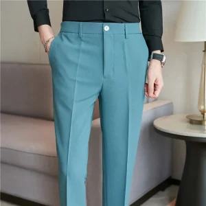 Teal and Beige Casual Elegance for Smart Office & Leisure: Men's Silky-Smooth Elastic Waist Straight-Leg Trousers