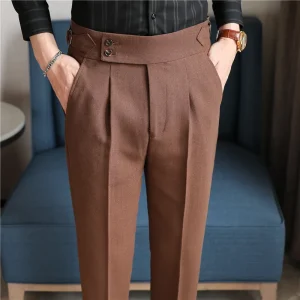 Men's 6% Linen High-Rise Slim Fit Summer Trousers with Adjustable Waist, Brown/Black, Business Casual Formal.