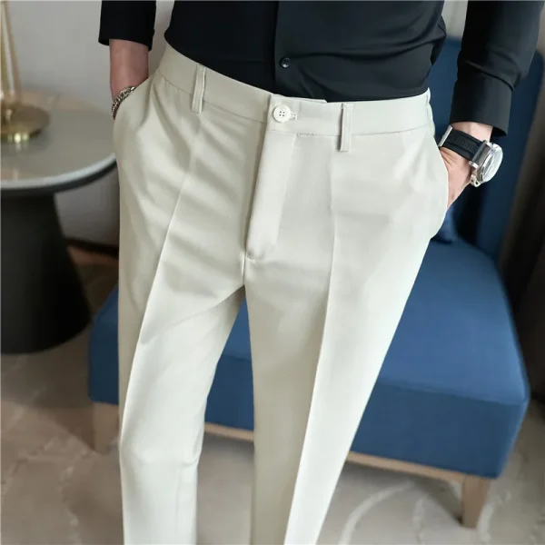 Teal and Beige Casual Elegance for Smart Office & Leisure: Men's Silky-Smooth Elastic Waist Straight-Leg Trousers - Image 4
