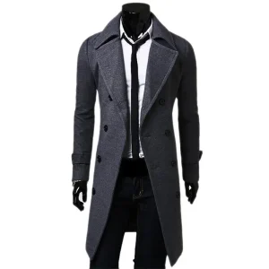 Men's Fashion Long Brand Autumn Jacket with Double Breasts, Self-Cultivation, Solid Color, Premium Trench Coat