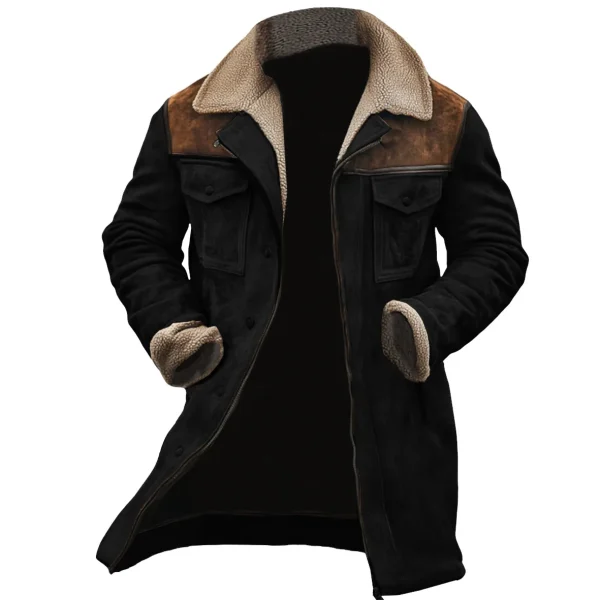 Winter Fleece Men's Long Jackets with Turn-down Collar, Casual Windbreaker, Vintage Patchwork, and Multiple Pockets - Image 2
