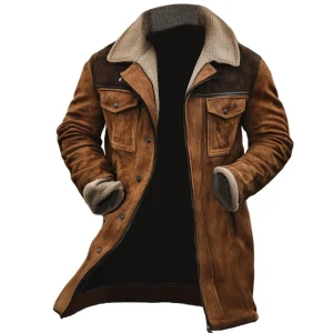 Winter Fleece Men's Long Jackets with Turn-down Collar, Casual Windbreaker, Vintage Patchwork, and Multiple Pockets