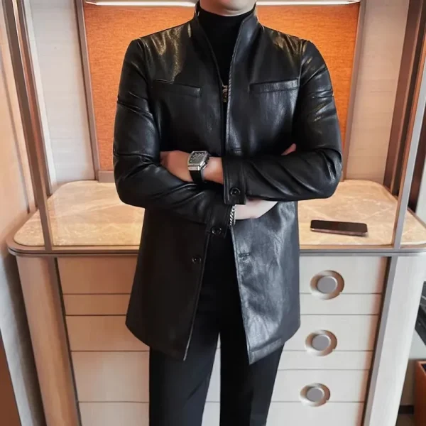 Men's Premium Black Stand Collar Long PU Trench Jacket for Fall and Winter Slim Fit Casual Leather Outwear Coats - Image 3