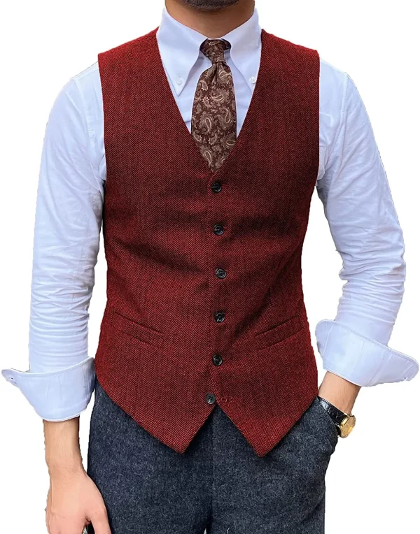 Men's Business Slim Fit Retro Vest with V-Neck Herringbone, Tuxedo Vests, and Wool Jacket Waistcoat for the Groom - Image 3
