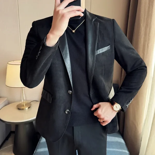 Premium Deerskin Velvet Splicing Leather Collar Suit Blazers Men's Social Wedding Clothes Men's Casual Business Slim Coats - Image 4