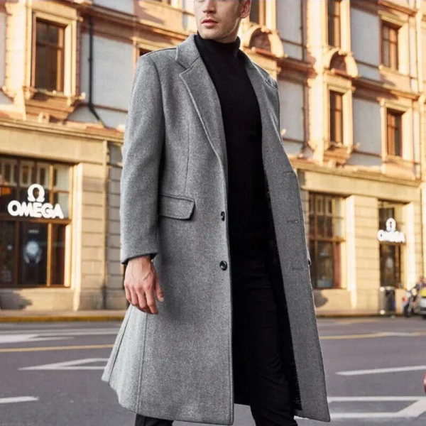 Streetwear Fashion Long Trench Coat Outerwear Men's Solid Long-Sleeved Woolen Jackets and Overcoats for Autumn and Winter - Image 5