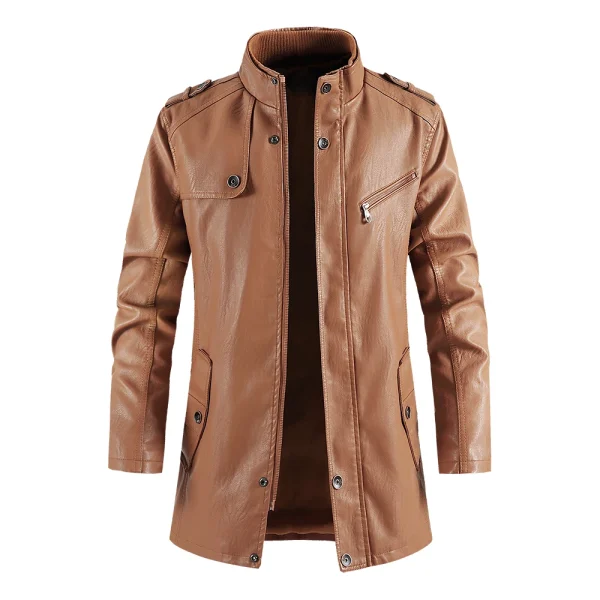 New Men's Stand Collar, Windbreaker, Faux Outerwear, Motorcycle, Casual, Warm Leather Coats, and Long PU Leather Jackets for Winter - Image 5