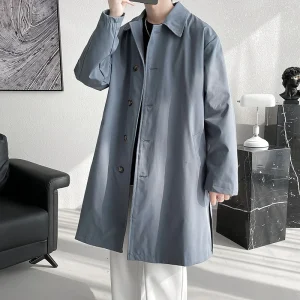 Fashion long windbreaker men's solid-colored, single-breasted, loose-fitting trench coat for streetwear