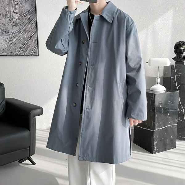 Fashion long windbreaker men's solid-colored, single-breasted, loose-fitting trench coat for streetwear
