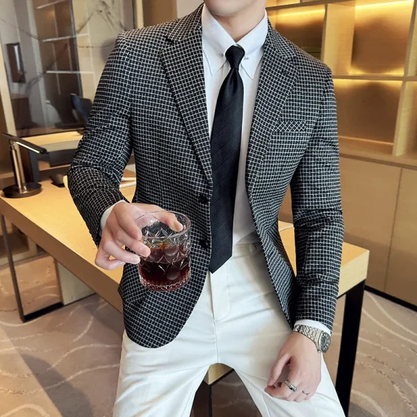 New Men's Fashion Business Slim Fit Casual Blazer with Plaid for Autumn and Winter Men's Tuxedo Formal Wedding Groom Clothes - Image 4