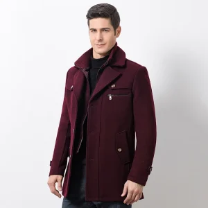 Men's Fashion Business Medium Solid Thicken Slim Windbreaker Overcoat Jacket in Casual Wool Trench Coat for Winter