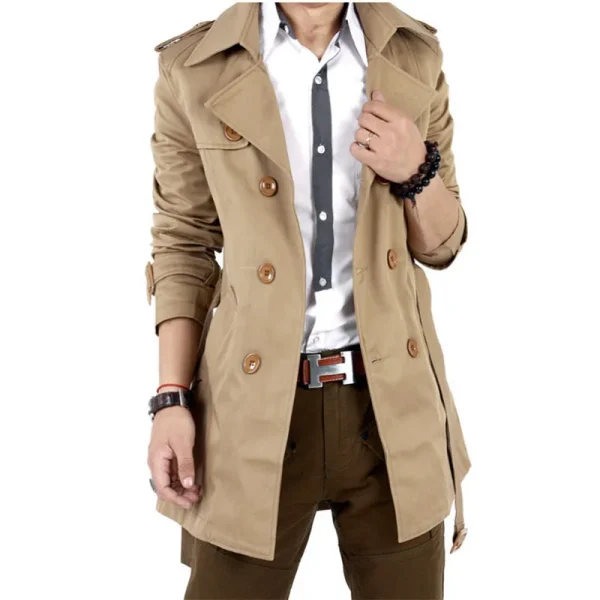 Men's Double-breasted Vintage Classic Long Coat Thick Black Khaki Spring/Autumn Business Trench Jacket - Image 5
