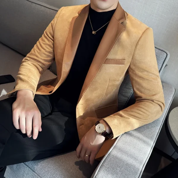 Premium Deerskin Velvet Splicing Leather Collar Suit Blazers Men's Social Wedding Clothes Men's Casual Business Slim Coats - Image 6