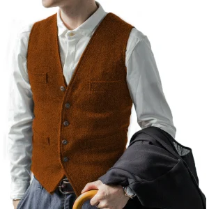Brown Herringbone Wool Tweed Business Waistcoat Steampunk Men's Plus Size Suit Vest with Lapel Collar for Groomsmen's Wedding