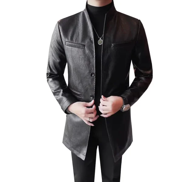 Men's Premium Black Stand Collar Long PU Trench Jacket for Fall and Winter Slim Fit Casual Leather Outwear Coats - Image 6