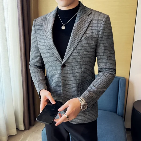 New Men's Fashion Business Slim Fit Casual Blazer with Plaid for Autumn and Winter Men's Tuxedo Formal Wedding Groom Clothes - Image 6