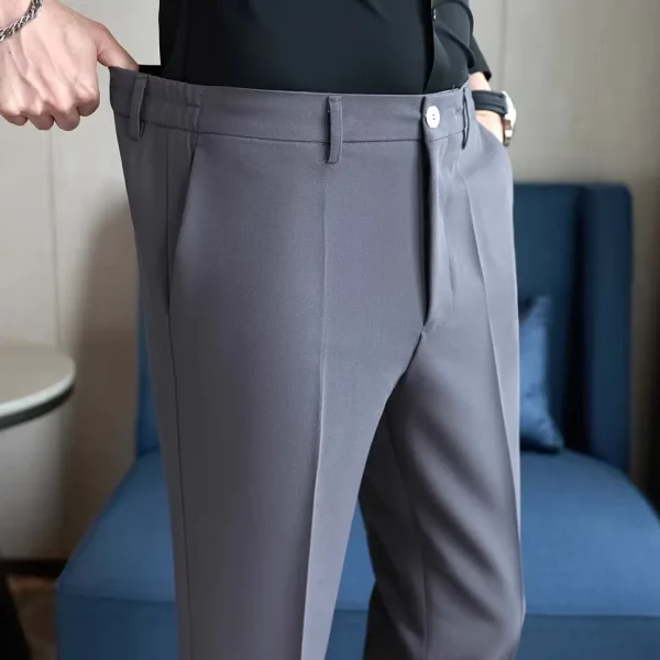 Teal and Beige Casual Elegance for Smart Office & Leisure: Men's Silky-Smooth Elastic Waist Straight-Leg Trousers - Image 3
