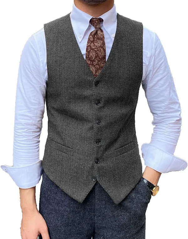 Men's Business Slim Fit Retro Vest with V-Neck Herringbone, Tuxedo Vests, and Wool Jacket Waistcoat for the Groom - Image 4