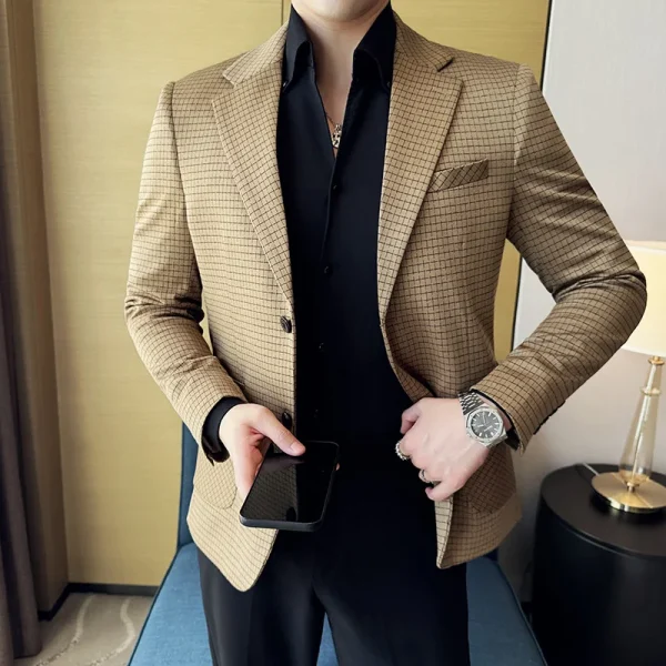 New Men's Fashion Business Slim Fit Casual Blazer with Plaid for Autumn and Winter Men's Tuxedo Formal Wedding Groom Clothes - Image 5