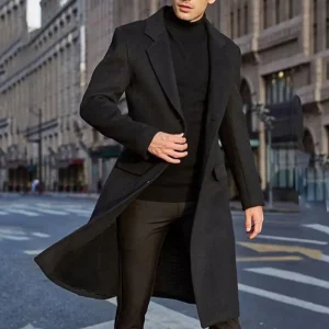 Streetwear Fashion Long Trench Coat Outerwear Men's Solid Long-Sleeved Woolen Jackets and Overcoats for Autumn and Winter
