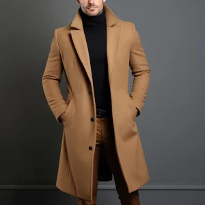 Fall and Winter Long Woolen Trench Coats for Men in Solid England Style Coat Turn Down Collar Warm Men's Clothes Smart Casual Wool Blends
