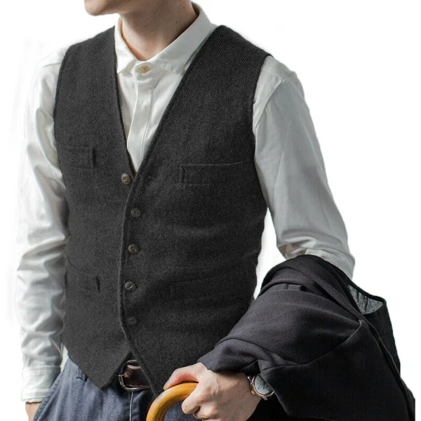Brown Herringbone Wool Tweed Business Waistcoat Steampunk Men's Plus Size Suit Vest with Lapel Collar for Groomsmen's Wedding - Image 6