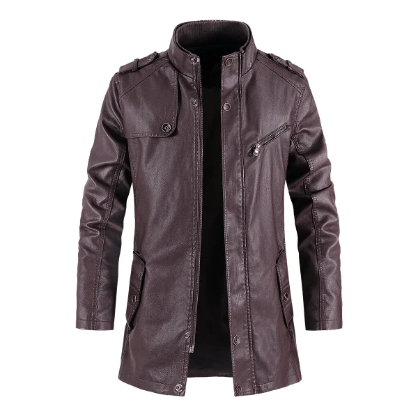 New Men's Stand Collar, Windbreaker, Faux Outerwear, Motorcycle, Casual, Warm Leather Coats, and Long PU Leather Jackets for Winter - Image 3