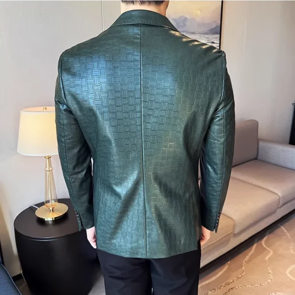 Elegant Square Grid Double-Breastered Leather Jacket New Premium Slim-Fit Casual Men's Business Coats Tuxedos Men's Apparel - Image 5