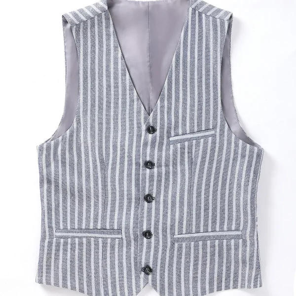 Men's Fashion Formal Slim Fit Business Striated Dress Waistcoat for Tuxedo Wedding Party with Silver V-Neck Suit Vests