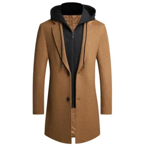 Men's Hooded Wool Jacket for Autumn/Winter Men's Casual Thick Slim Jacket with Long Windproof Wool Coat for Autumn