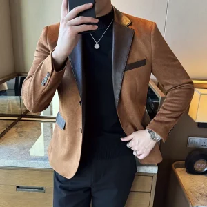Premium Deerskin Velvet Splicing Leather Collar Suit Blazers Men's Social Wedding Clothes Men's Casual Business Slim Coats