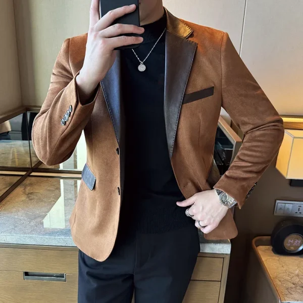 Premium Deerskin Velvet Splicing Leather Collar Suit Blazers Men's Social Wedding Clothes Men's Casual Business Slim Coats