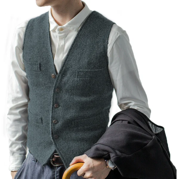 Brown Herringbone Wool Tweed Business Waistcoat Steampunk Men's Plus Size Suit Vest with Lapel Collar for Groomsmen's Wedding - Image 4