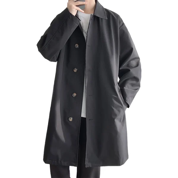Fashion long windbreaker men's solid-colored, single-breasted, loose-fitting trench coat for streetwear - Image 4