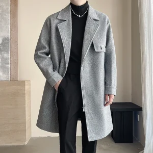 Men's Korean-style casual trench jacket with a zipper, turn-down collar, and solid outerwear for fall and winter