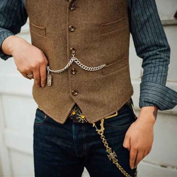 Steampunk Vests for Groosmen Men's Weddings: Brown Wedding Wool Tweed Business Waistcoat Jacket Casual Slim Fit - Image 3
