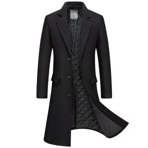 Men's Fashion Woolen Coats, Solid Turn-Down Collar, Thick Wool Trench Jacket, and New Autumn/Winter Long Wool Blends