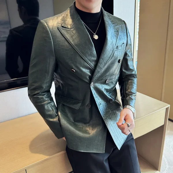 Elegant Square Grid Double-Breastered Leather Jacket New Premium Slim-Fit Casual Men's Business Coats Tuxedos Men's Apparel - Image 3