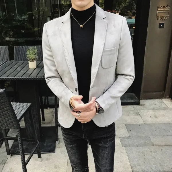 Men's Casual Business Slim Fit Blazer with Vintage Suede Suit Jacket for Spring Men's Wedding Street Wear Social Coat with Deerskin Leather Jacket - Image 6