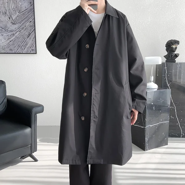 Fashion long windbreaker men's solid-colored, single-breasted, loose-fitting trench coat for streetwear - Image 5