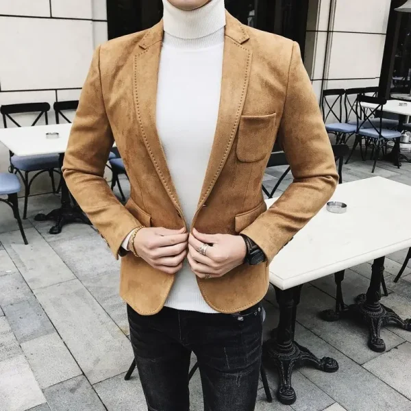 Men's Casual Business Slim Fit Blazer with Vintage Suede Suit Jacket for Spring Men's Wedding Street Wear Social Coat with Deerskin Leather Jacket - Image 3