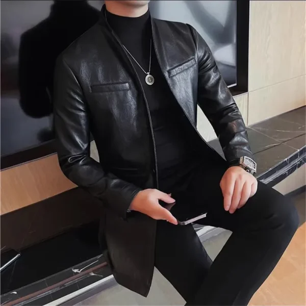 Men's Premium Black Stand Collar Long PU Trench Jacket for Fall and Winter Slim Fit Casual Leather Outwear Coats - Image 5