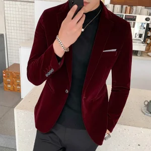 Men's 2022 Fashion Casual Wedding Groom Singer Costume Slim Blazer Formal Evening Dress in Burgundy Velvet