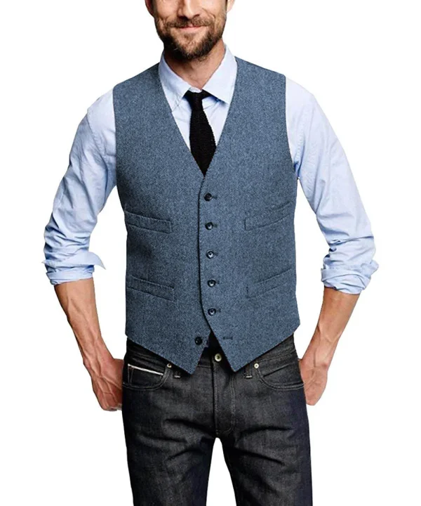 Slim Fit V-neck Men's Suit Vest Business Groomsmen Suit Vest with Herringbone Steampunk Waistcoat and Woolen Splicing Vest - Image 5