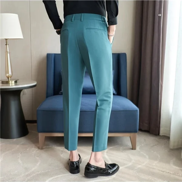 Teal and Beige Casual Elegance for Smart Office & Leisure: Men's Silky-Smooth Elastic Waist Straight-Leg Trousers - Image 2