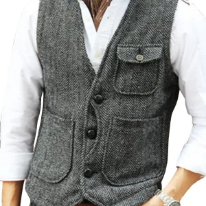 Leisure Men's Business Slim Fit V-neck Vests Groomsmen's Wedding Suit Vest Made of Wool with Steampunk Herringbone Waistcoat