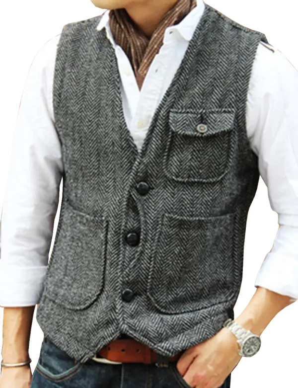 Leisure Men's Business Slim Fit V-neck Vests Groomsmen's Wedding Suit Vest Made of Wool with Steampunk Herringbone Waistcoat